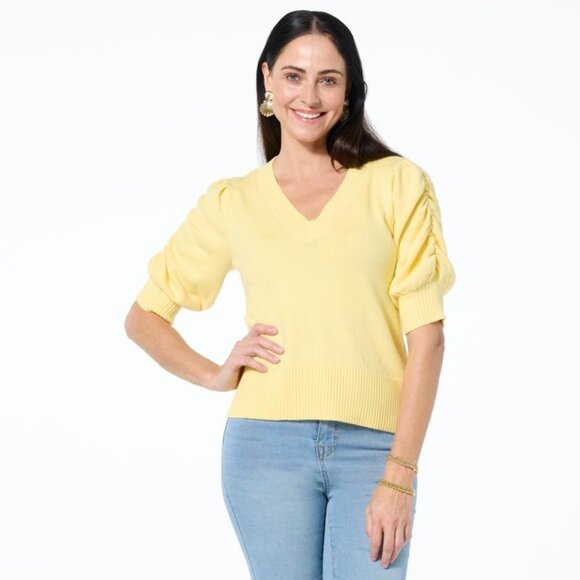 DG2 by Diane Gilman SoftEase Knit Puff Sleeve Sweater Size Large Buttercream - Picture 1 of 7